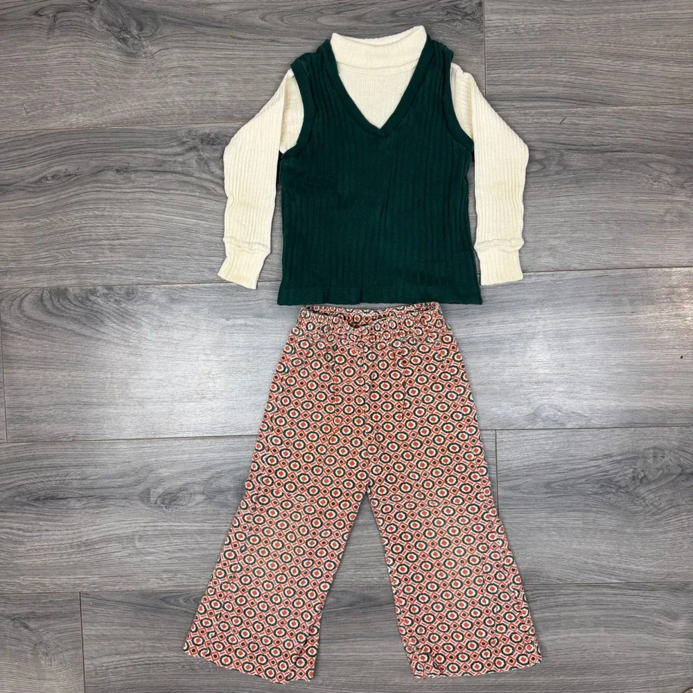 Vintage Buster Brown Toddler 3pc Outfit Geometric Pants Turtleneck Vest 3T‎